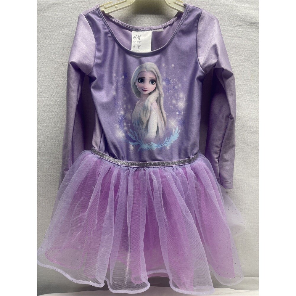 H & M Disney Girls Purple Elsa Frozen Long Sleeve Bodysuit Tutu Dress Size 3-4T